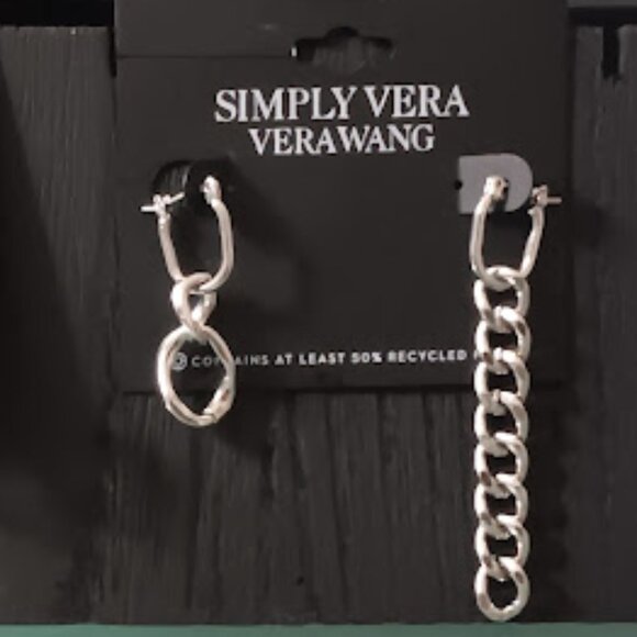 VERA WANG Rocker Chic Silver Chain Mismatch Drop Hoop Earrings**NEW! - Picture 3 of 3